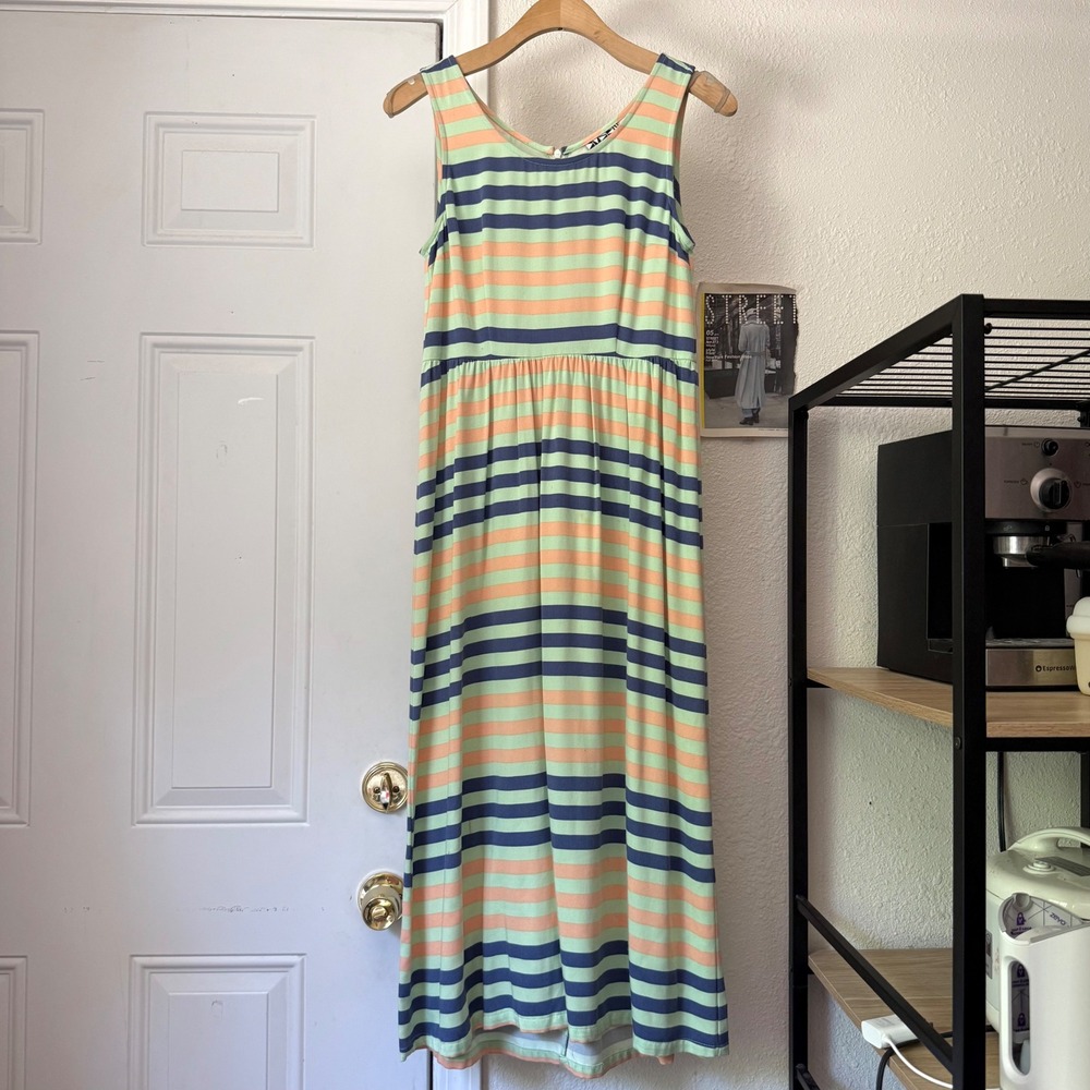 DUSEN DUSEN green navy orange striped rayon sleeveless midi dress